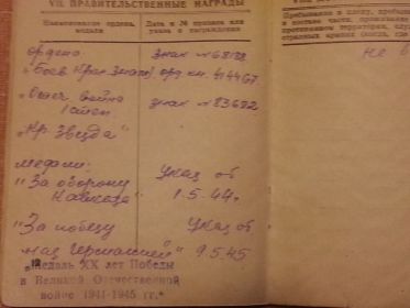 одна из страничек в военном билете с наградами