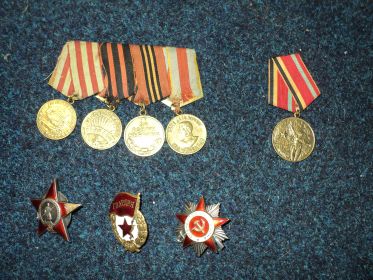Медали за оборону Москвы, за освобождение Варшавы, за взятие Берлина, за победу над Германией, 30 лет победы (слева направо)