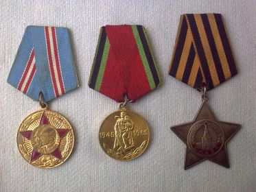 Первые две медали юбилейные,а третья медаль славы 3 степени за храбрость и уничтожение фашисткого танка.