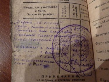 Записи в Книжке Красноармейца о награждениях и отличиях.