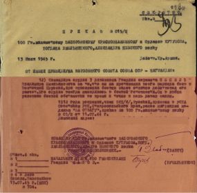 Приказ подразделения №: 15/н от: 13.07.1945  Издан: 100 гв. минп /  Архив: ЦАМО фонд: 33 опись: 686196 ед.хранения: 2144 № записи: 45808634