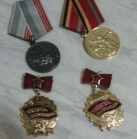 Юбилейная  медаль «50 лет Вооруженных сил CCCР» - 1967,  Медаль  «Победитель соцсоревнования 1973 г.»,  Медаль  «Победитель соцсоревнования 1974 г.»