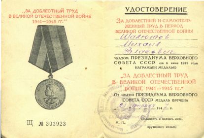 медаль "За доблестный труд в великой Отечественной войне 1941-1945г.г." Награжден в 1946г.