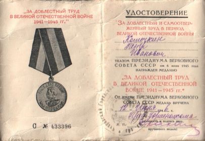 Медаль "За доблестный труд в Великой Отечественной войне 1941-1945 гг.".