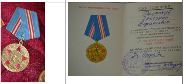 Медаль «50 лет вооружённых сил СССР»  (указом президиума верховного совета ссср от 26 декабря 1967 г.)(вручена 24 июня 1970 г)