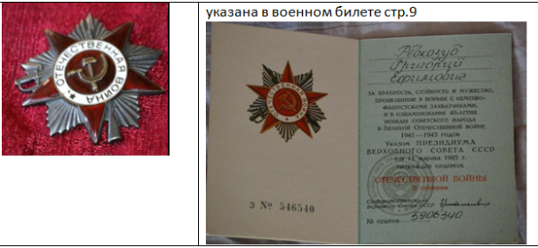 Орден отечественной войны II  степени (от 11 марта 1985г. ( 3 № 546540) (№-ордена  5906340) )