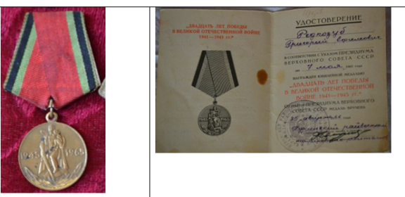 Медаль «20 лет победы в ВОВ 1941-1945гг» (А №7752494 *)(указом президиума верховного совета ссср от 7 мая 1965 г.) (вручена 25 августа 1966 г)