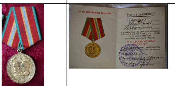Медаль «70 лет вооружённых сил СССР» (указом президиума верховного совета ссср от 28 января 1988 г.)(вручена 16 июля 1988 г.)
