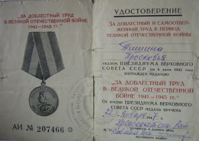 медалью «За доблестный труд в Великой Отечественной войне 1941-1945гг.».