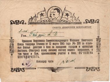 Грамота Гайдуку Александру Ивановичу  за боевые отличия в боях за крепость Кюстрин