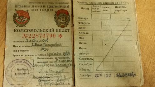 Комсомольский билет Хлебникова Ивана Петровича