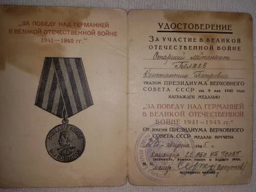 медаль "За Победу над Германией в Великой Отечественной Войне 1941 - 1945 гг."