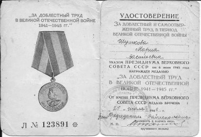 Медаль "За доблестный труд в Великой Отечественной войне 1941-1945 гг."