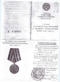 в День Победы 9 мая 1945 года Указом Президиума Верховного Совета СССР был награжден медалью "За победу над Германией в Великой Отечественной войне 1941 – 1945 гг."