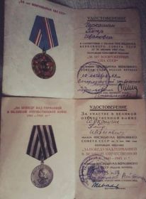 Медаль «За победу над Германией в Великой Отечественной войне 1941-1945 гг.», юбилейные медали «20 лет Победы в Великой Отечественной войне 1941-1945 гг.», «50 лет вооружённых сил СССР».