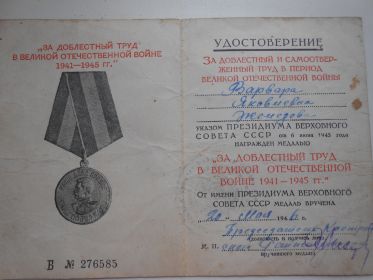Медалью "За доблестный труд" награждена жена