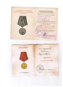 Медали: "За победу над Германией в Великой Отечественной войне 1941-1945 гг." , "Жукова"