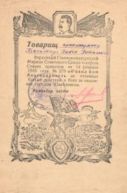 Благодарность за отличные боевые действия в боях за овладение городом Шнайдемюль