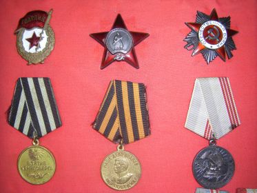 Знак "Гвардия", Орден Красной звезды, орден Отечественной Войны 2 степени, медаль за взятие Кёнигсберга, медаль за Победу над Германией в Великой Отечественной войне 1941-1945 г.г.