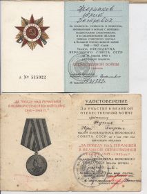 Орден Отечественной Войны I степени; "За победу над Германией в Великой Отечественной Войне"