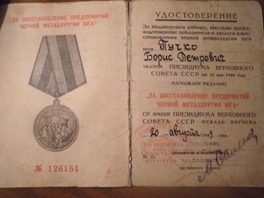 Медаль "ЗА ВОССТАНОВЛЕНИЕ ПРЕДПРИЯТИЯ ЧЕРНОЙ МЕТАЛЛУРГИИ ЮГА"