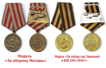 медали «За оборону Москвы», «За победу над Германией в ВОВ 1941-1945гг»