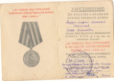 Медаль «За победу над Германией в Великой Отечественной войне  1941 – 1945 гг.»