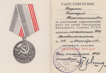 Медаль "Ветеран труда"_удостоверение