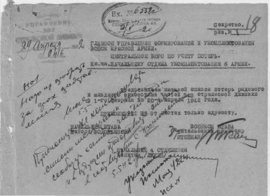 Сопроводительное письмо к именному списку погибших от 29.04.42 г.