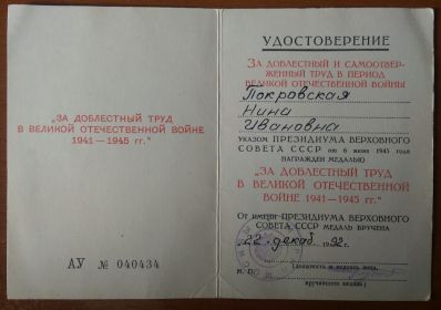 "За ДОБЛЕСТНЫЙ ТРУД В Великой Отечественной Войне 1941-1945 гг."  Панорама: лицевая и обратная стороны медали