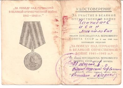 "Медаль За победу над Германией " в 1946г.