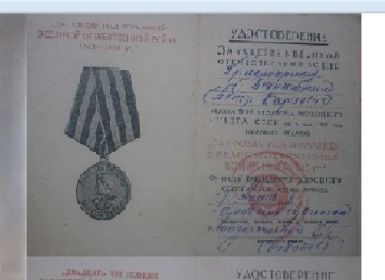 Награждён медалью за победу над Германией в Великой Отечественной войне 1941-1945 год, (1 апреля 1946г).