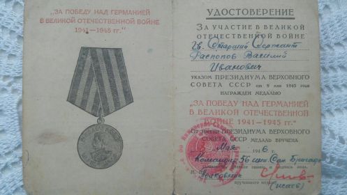 "Медаль за Боевые Заслуги", Медаль За Победу над Германией