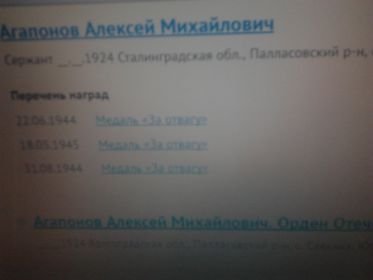 Медали: "за отвагу", "за взятие Берлина", "за взятие Варшавы", "за победу над германией",  "60 лет вооруженых сил СССР", "30 лет великой отечественной войне", "40 лет великой отечественной войне" и орден красной звезды.