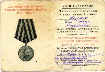 медаль "За Победу над Германией в Великой Отечественной Войне 1941 - 1945 гг."