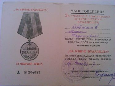 медаль  "За  взятие  Будапешта"