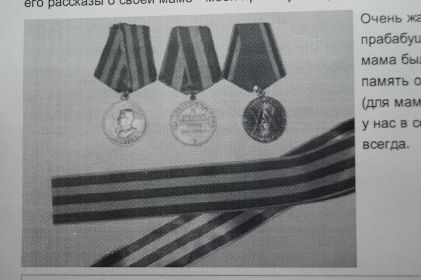 Воинская медаль "За победу над Германией", гражданская медаль "За доблестный труд во время войны", юбилейная медаль "20 лет победы в Великой Отечественной войне1941-1945 гг"