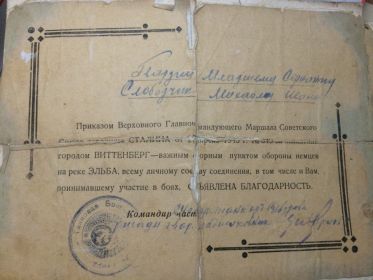 благодарность за участие в овладении городом Виттенберг