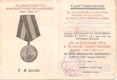 4.	Медаль «За доблестный труд в Великой Отечественной войне 1941-1945гг.»