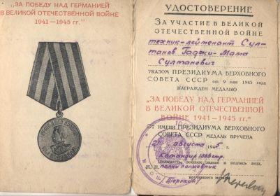 Медаль «За победу над Германией в Великой Отечественной Войне 1941-1945 гг.»