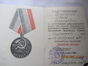 Медаль "Ветеран Труда" (1984г.)