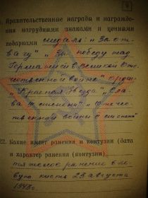 медаль "За отвагу", "За победу над Германией в Великой Отечественной войне", орден "Красная Звезда", "Слава 3 степени", "Отечественной войны 3 степени"