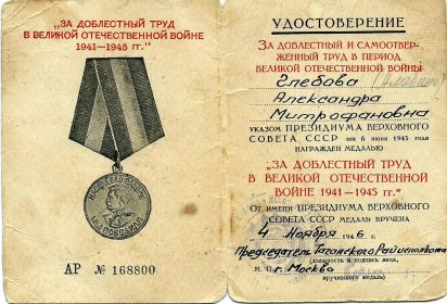 Медаль «За доблестный труд в Великой Отечественной войне 1941-1945 гг.».