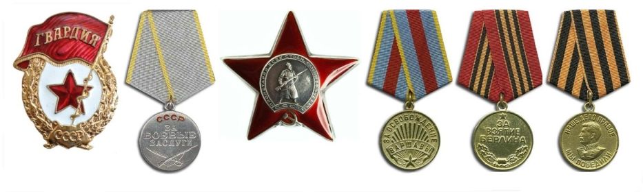 Орден «Красной Звезды»,  медаль «За боевые заслуги», «За освобождение Варшавы», « За взятие Берлина», «За победу над Германией».
