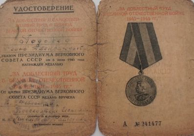 Медаль "За доблестный труд в Великой Отечественной войне 1941-1945гг"