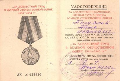 Медаль "За доблестный труд в Великой Отечественной войне 1941-1945 гг"