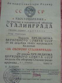 Орден Красной Звезды, медали: "За боевые заслуги", "За победу над Германией", ""За Оборону Сталинграда". "За освобождение Белграда".