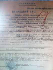 Медаль "За отвагу" награжден 7.12.1942г., Медаль "За отвагу" награжден 19.01.1944 г., Орден Отечественной войны 2 степени (посмертно) 10.06.1944г.