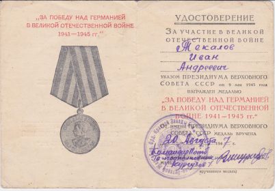 Медаль "За Победу над Германией в Великой Отечественной Войне 1941-1945гг"