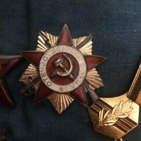 Орден "Красная Звезда", медали "За взятие Кенигсберга",  "За победу над Германией", орденом "Отечественная война" и юбилейными медалями